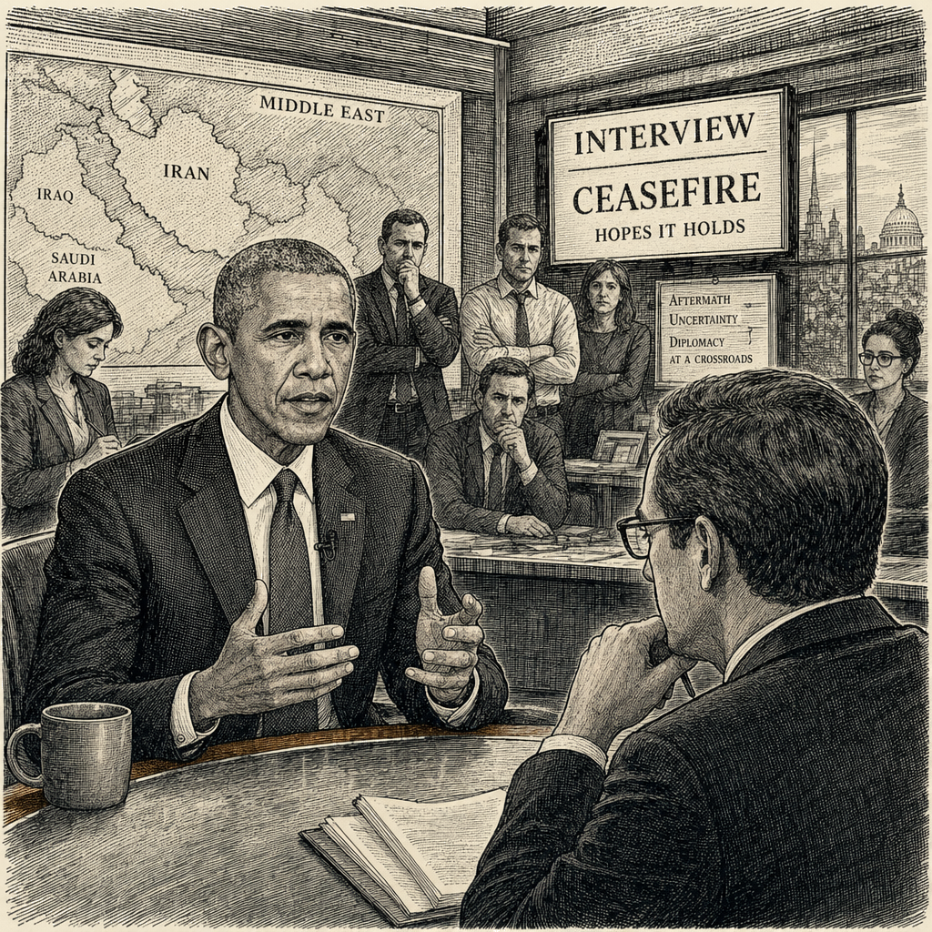 Illustration accompanying article: Obama says US 'worse off' than before Iran war; hopes ceasefire holds