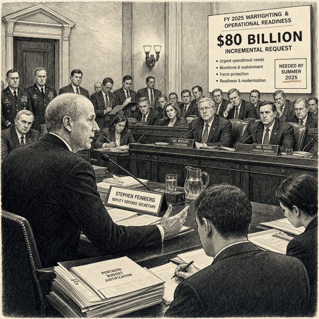Illustration accompanying article: Pentagon says it needs $80 billion for Iran war, other costs