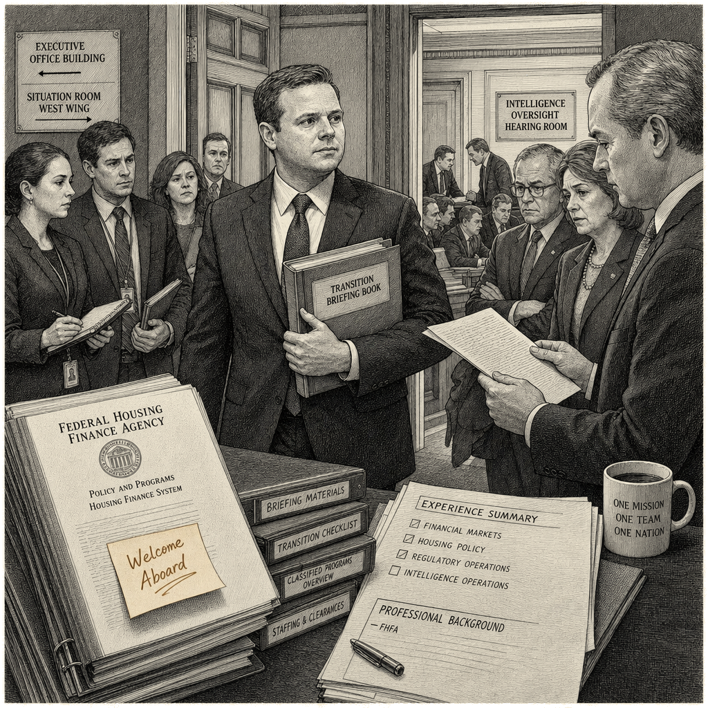 Illustration accompanying article: Pulte takes helm as acting intelligence chief after Washington standoff