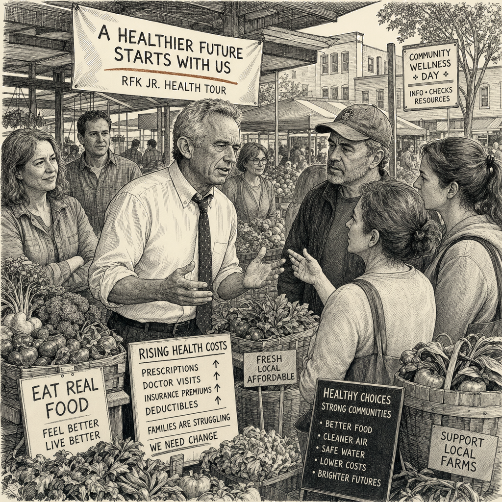 Illustration accompanying article: RFK Jr.’s Healthy-Eating Tour Meets Voter Ire Over Health Costs