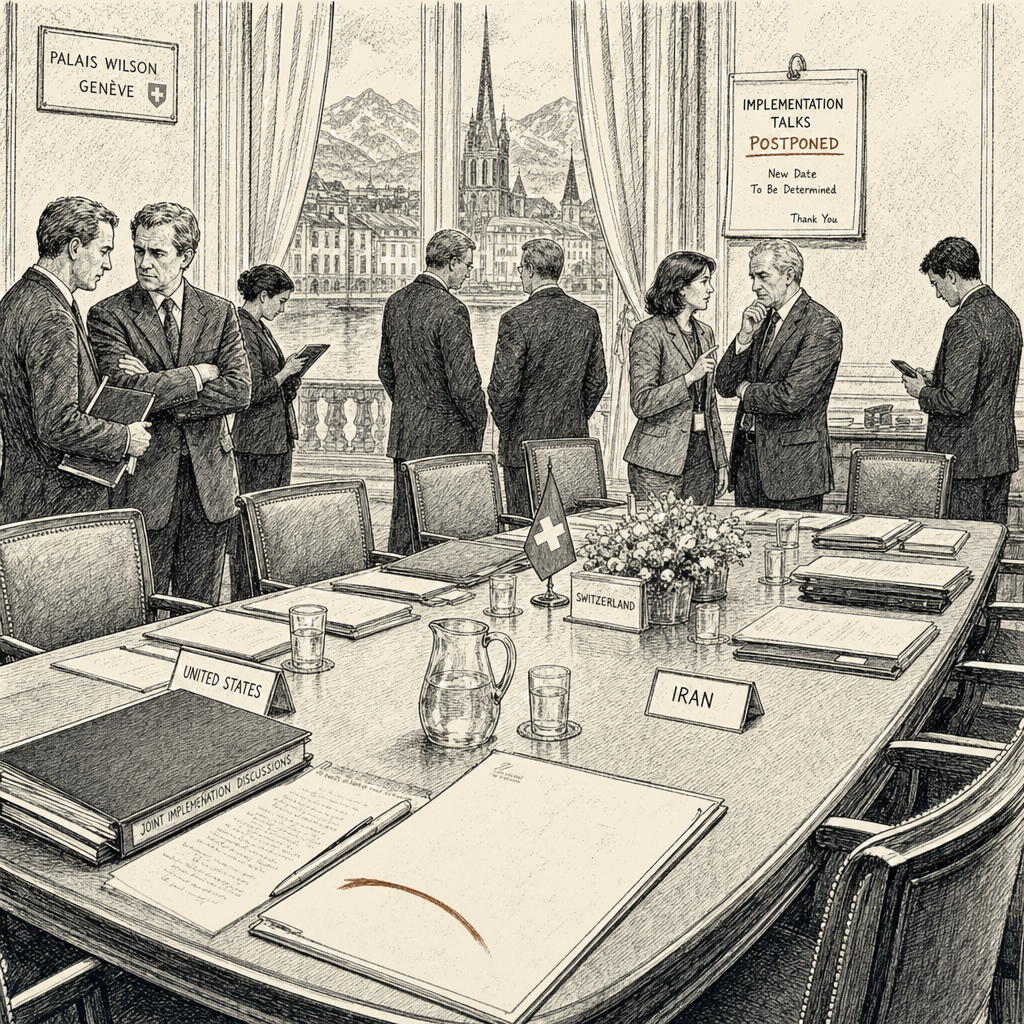 Illustration accompanying article: Swiss-hosted U.S.-Iran implementation talks postponed