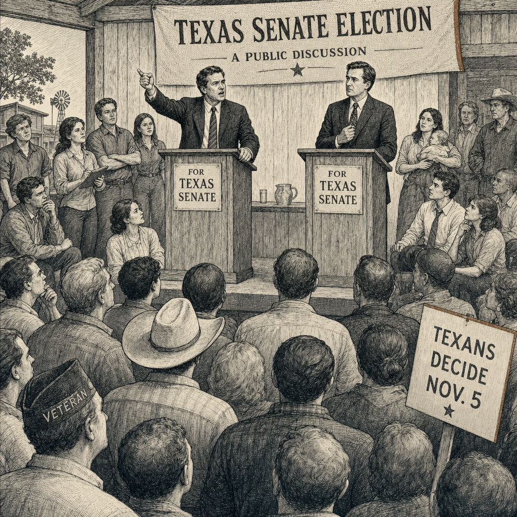 Illustration accompanying article: Texas Senate Race Turns Into a Battle Over Who Is More of a Man