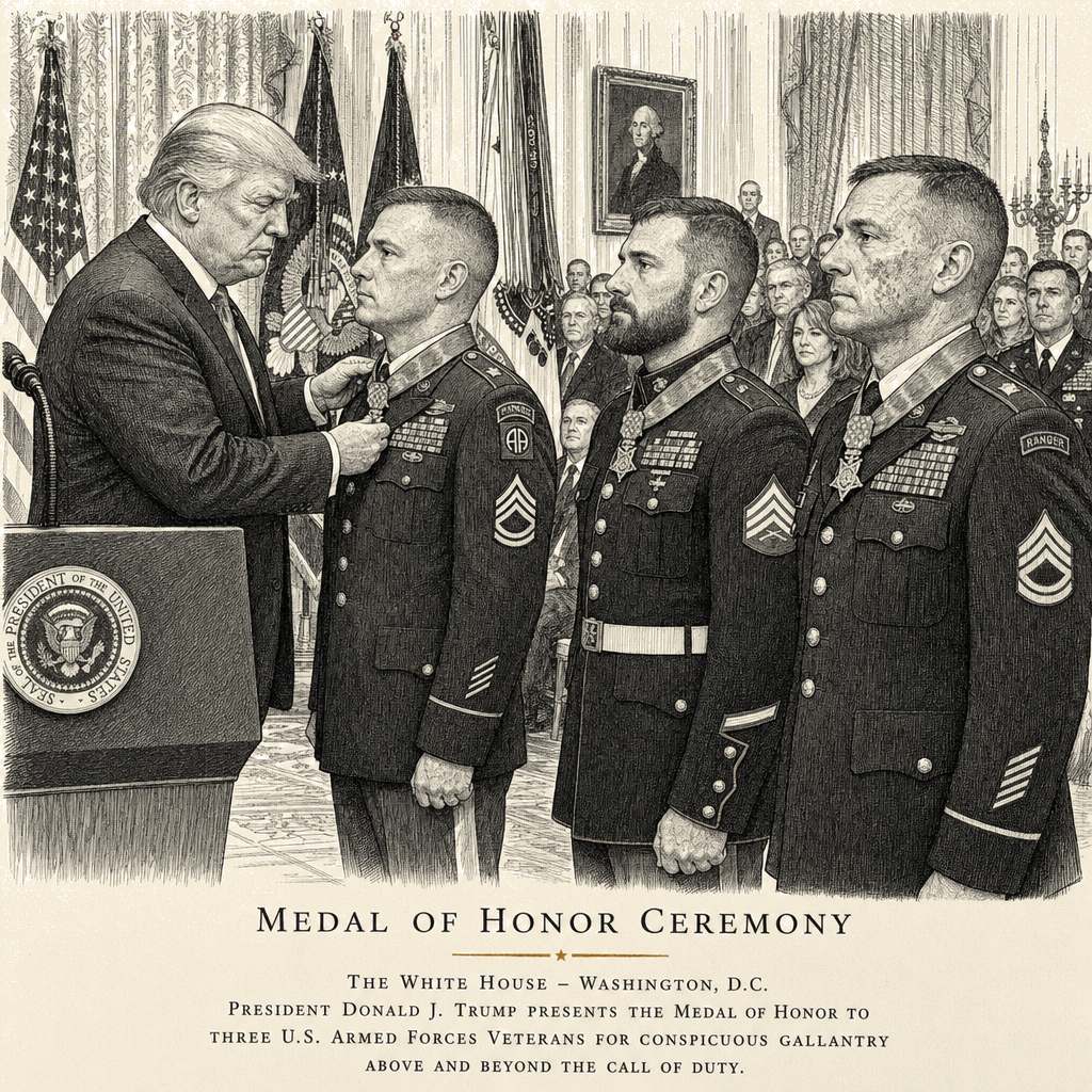Illustration accompanying article: Trump awards Medal of Honor to three Vietnam, Afghanistan veterans
