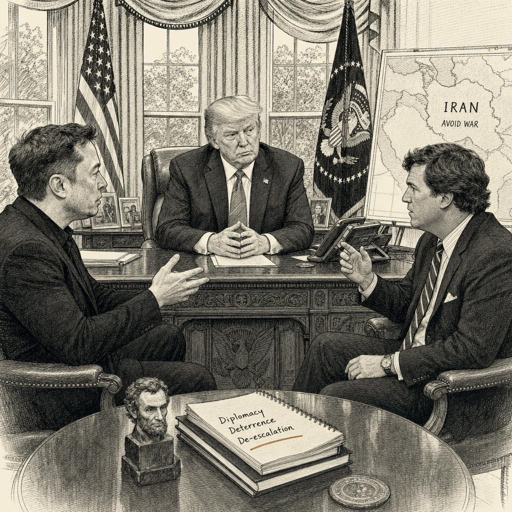 Illustration accompanying article: Trump told Musk, Carlson he wouldn't go to war, new book says