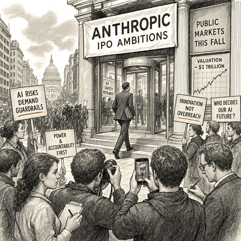 Illustration accompanying article: Anthropic's IPO Ambitions Collide With Political Backlash Over AI Risks