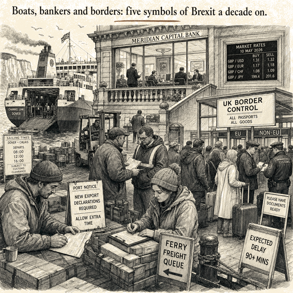 Illustration accompanying article: Boats, bankers and borders: five symbols of Brexit a decade on