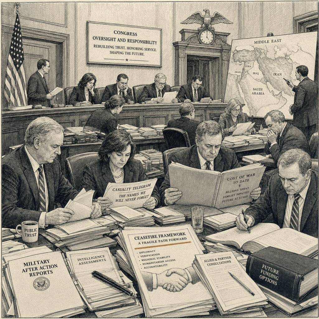 Illustration accompanying article: Congress picks up the pieces after the Iran war
