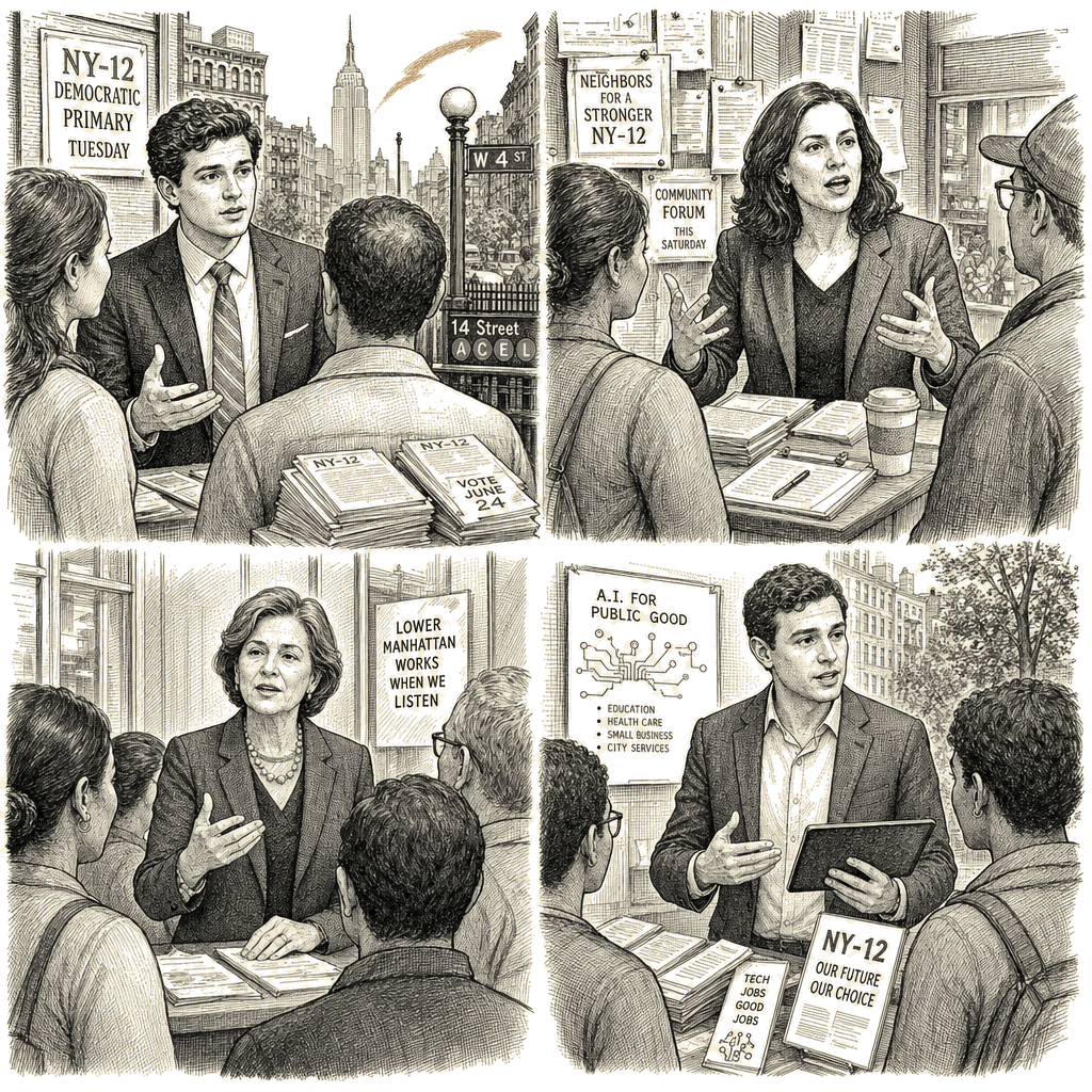 Illustration accompanying article: Four Democrats vie for Manhattan House seat in test for party's direction