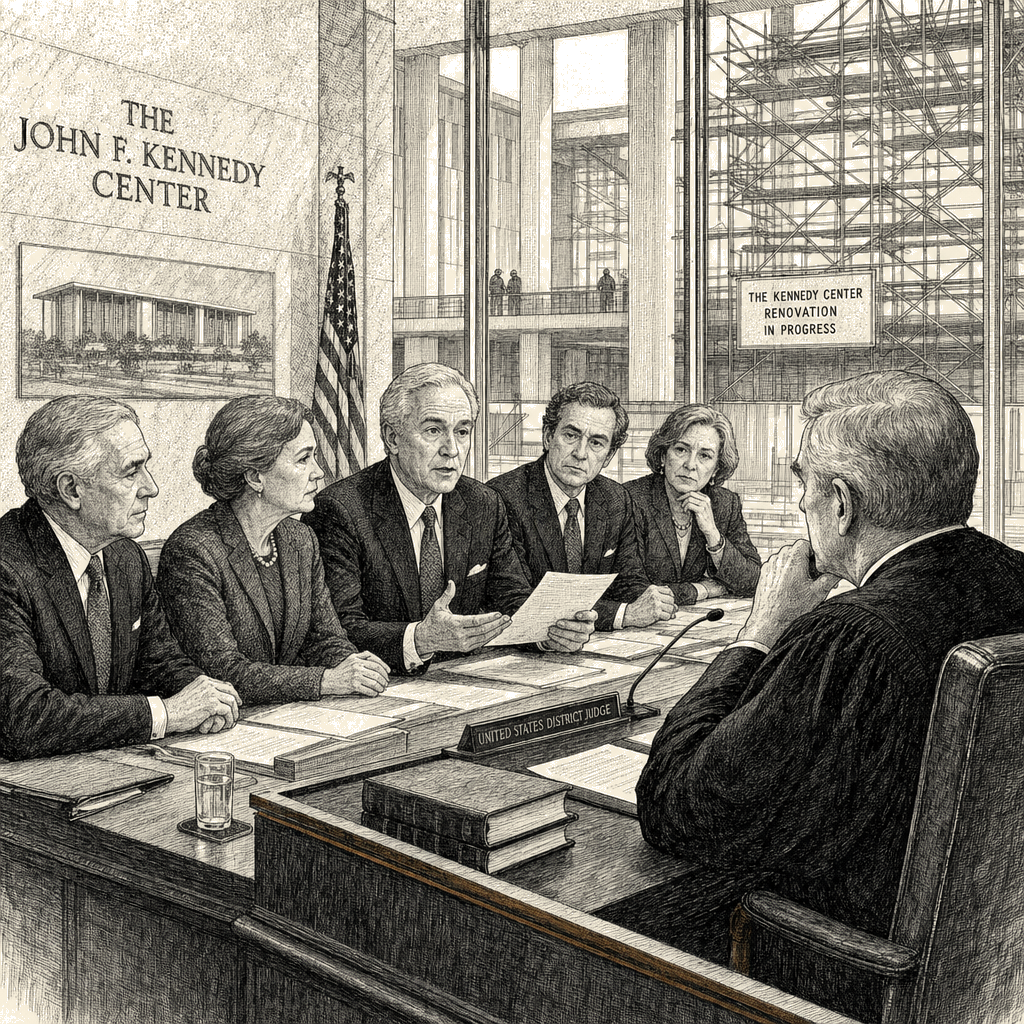 Illustration accompanying article: Kennedy Center likely to remain closed for renovations, board tells judge