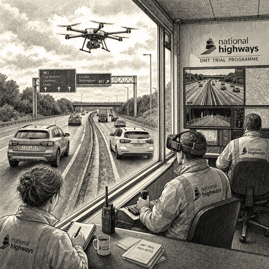 Illustration accompanying article: UK tests low-flying drones on motorways to assess driver distraction