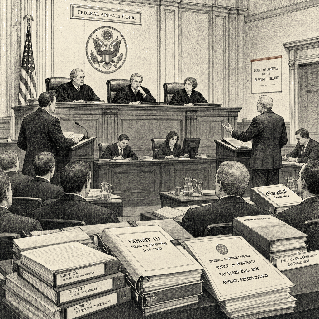 Illustration accompanying article: Coca-Cola faces IRS in federal appeals court over $20 billion tax dispute