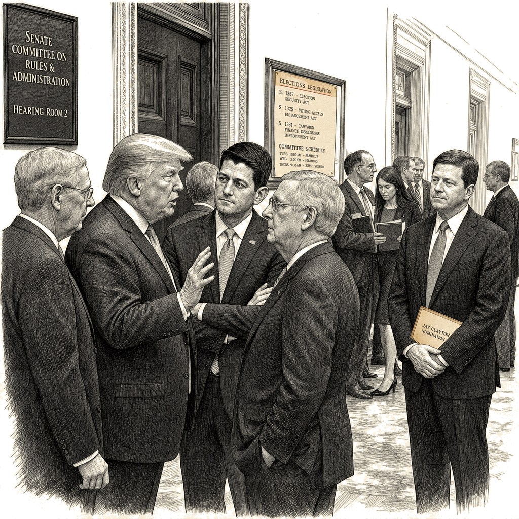 Illustration accompanying article: Jay Clayton's intelligence nomination held up in Trump-Congress standoff