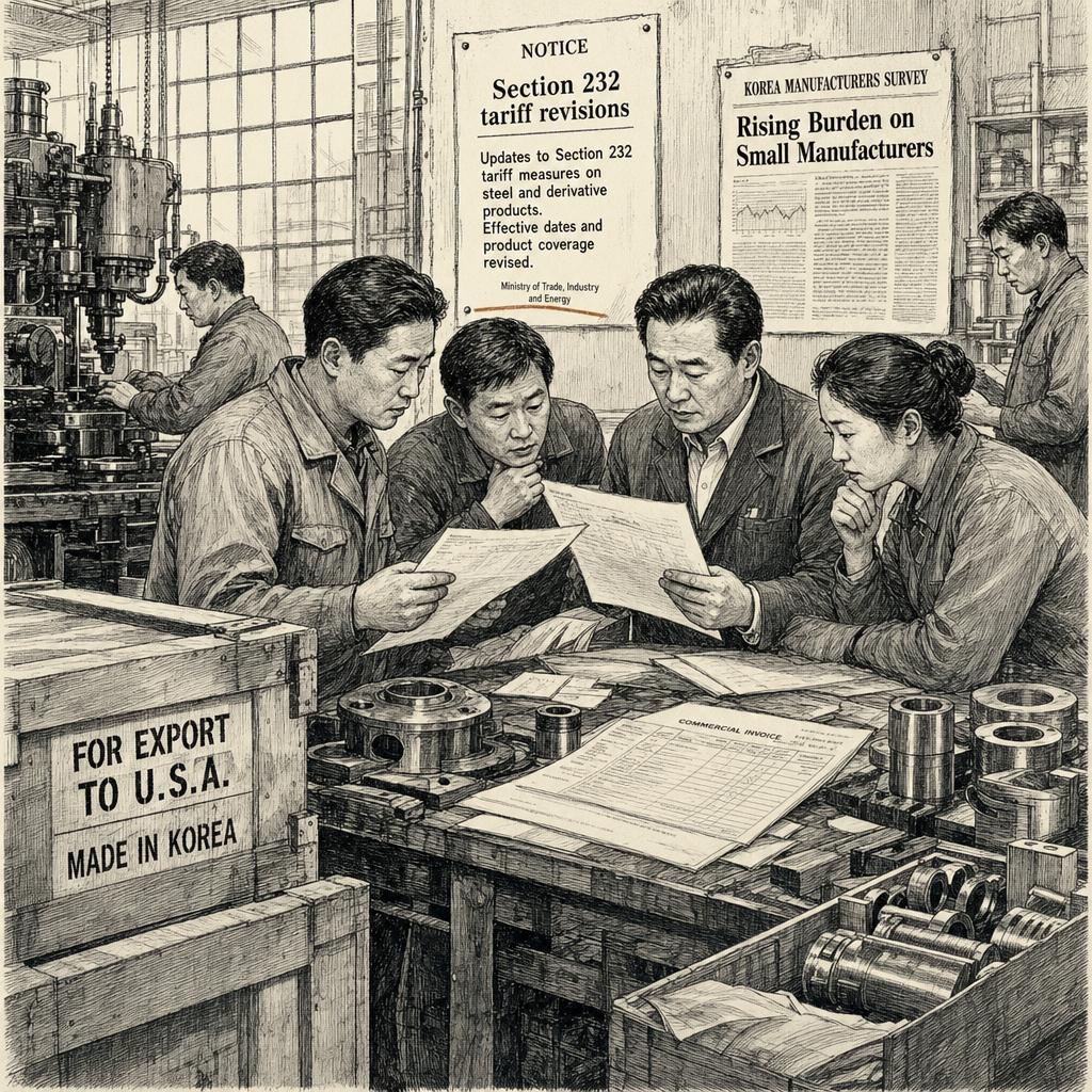 Illustration accompanying article: Section 232 tariff revisions burden South Korean small manufacturers, survey finds