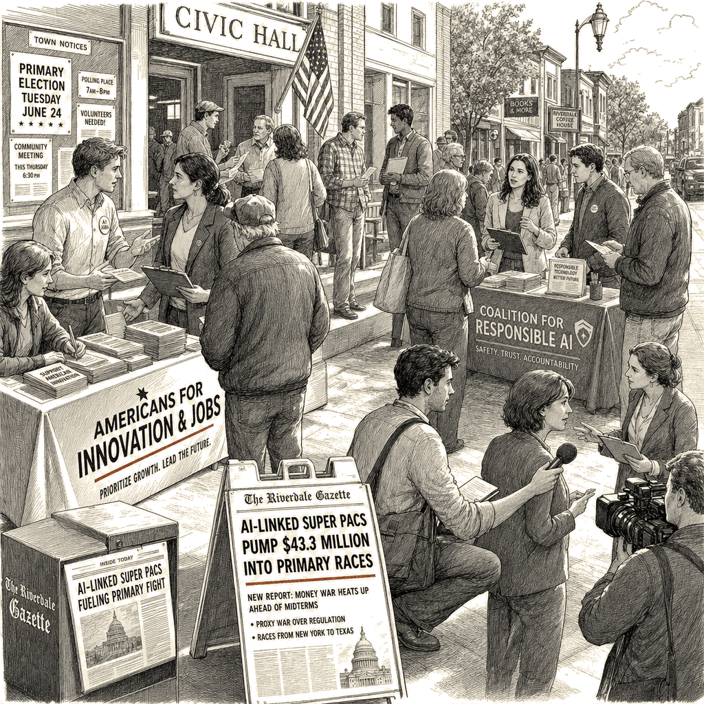Illustration accompanying article: AI super PACs spending $43.3 million on midterms as proxy war over regulation intensifies
