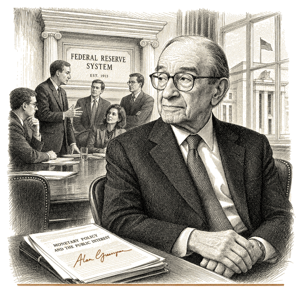 Illustration accompanying article: Alan Greenspan, former Fed chair who shaped modern economy, dies at 100