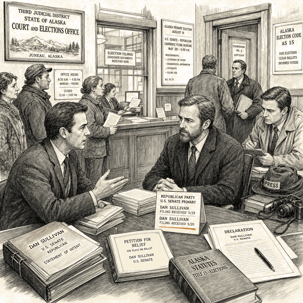 Illustration accompanying article: Alaska Senate challenger Dan Sullivan sues to get on primary ballot