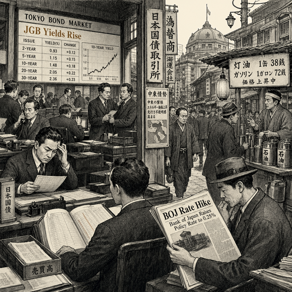 Illustration accompanying article: JGB Yields Rise as Middle East Uncertainty, BOJ Rate Hike Weigh on Sentiment
