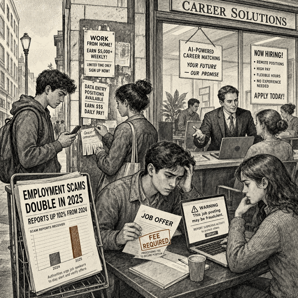 Illustration accompanying article: Job scams surge, fraudsters use AI as young job seekers face tough market