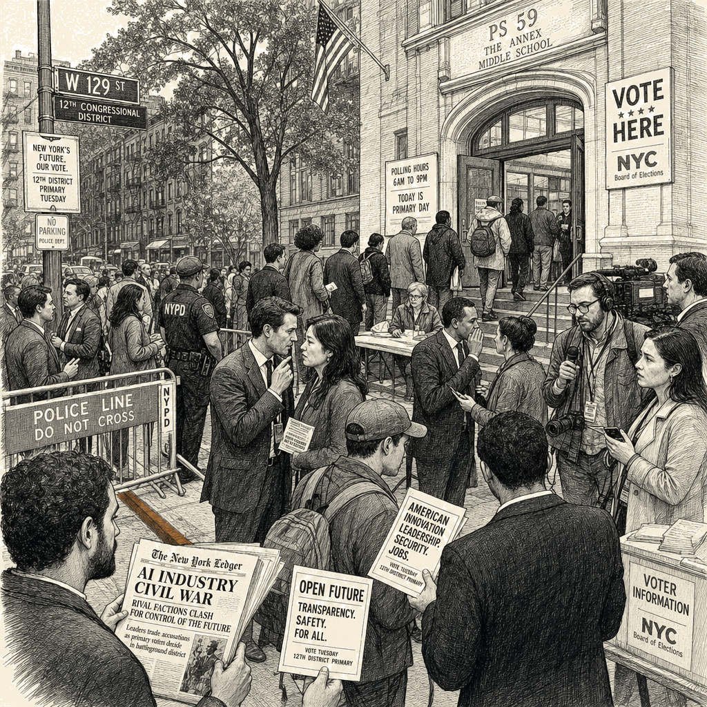 Illustration accompanying article: Manhattan House primary becomes battleground in AI industry civil war