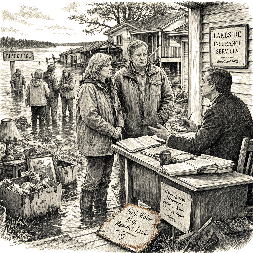 Illustration accompanying article: Michigan floods reveal gaps in flood insurance access and information