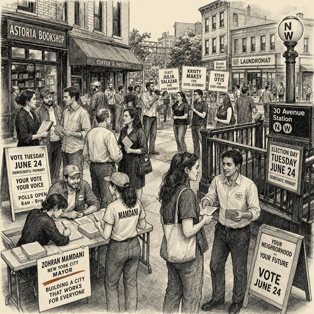 Illustration accompanying article: New York House candidates close campaigns as primaries test Mamdani's clout