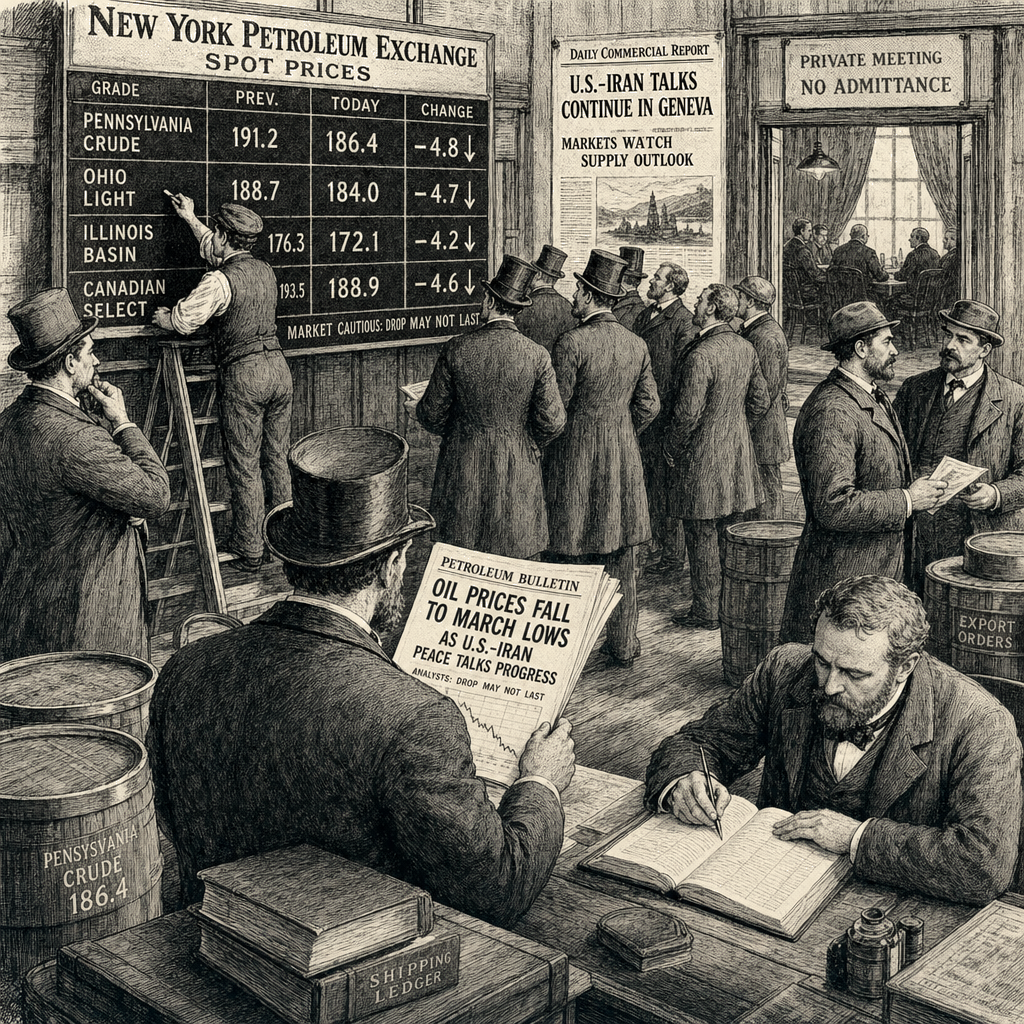 Illustration accompanying article: Oil prices fall to March lows as US-Iran peace talks progress