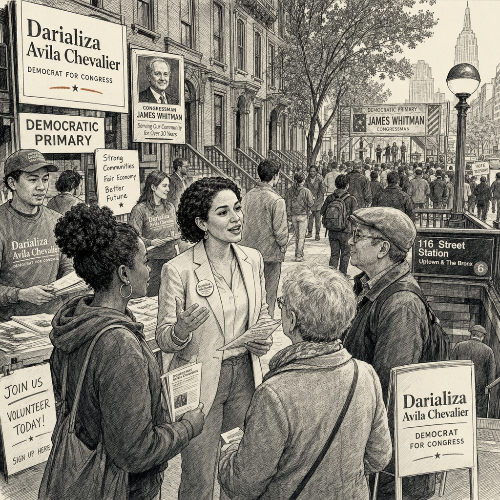 Illustration accompanying article: Progressive challenger targets five-term incumbent in New York Democratic primary