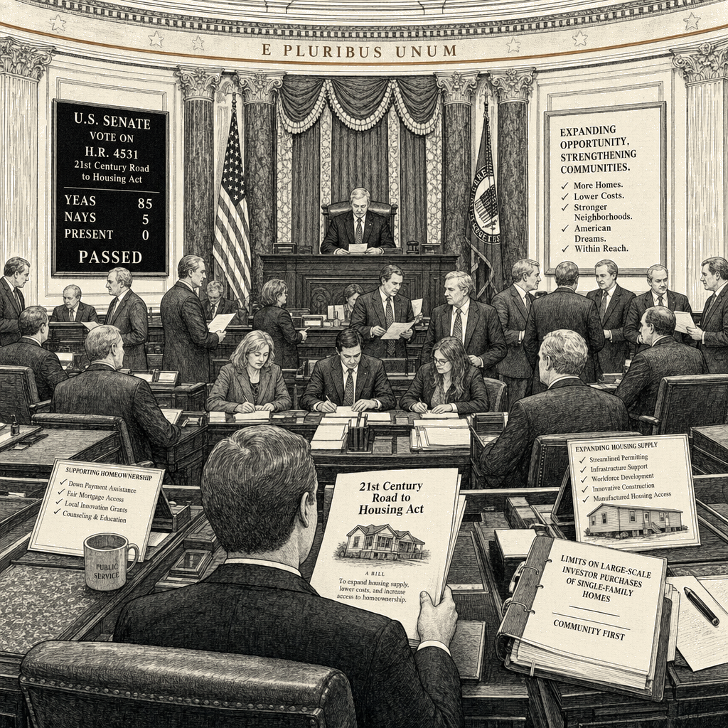 Illustration accompanying article: Senate passes bipartisan bill to lower housing costs with broad 85-5 vote