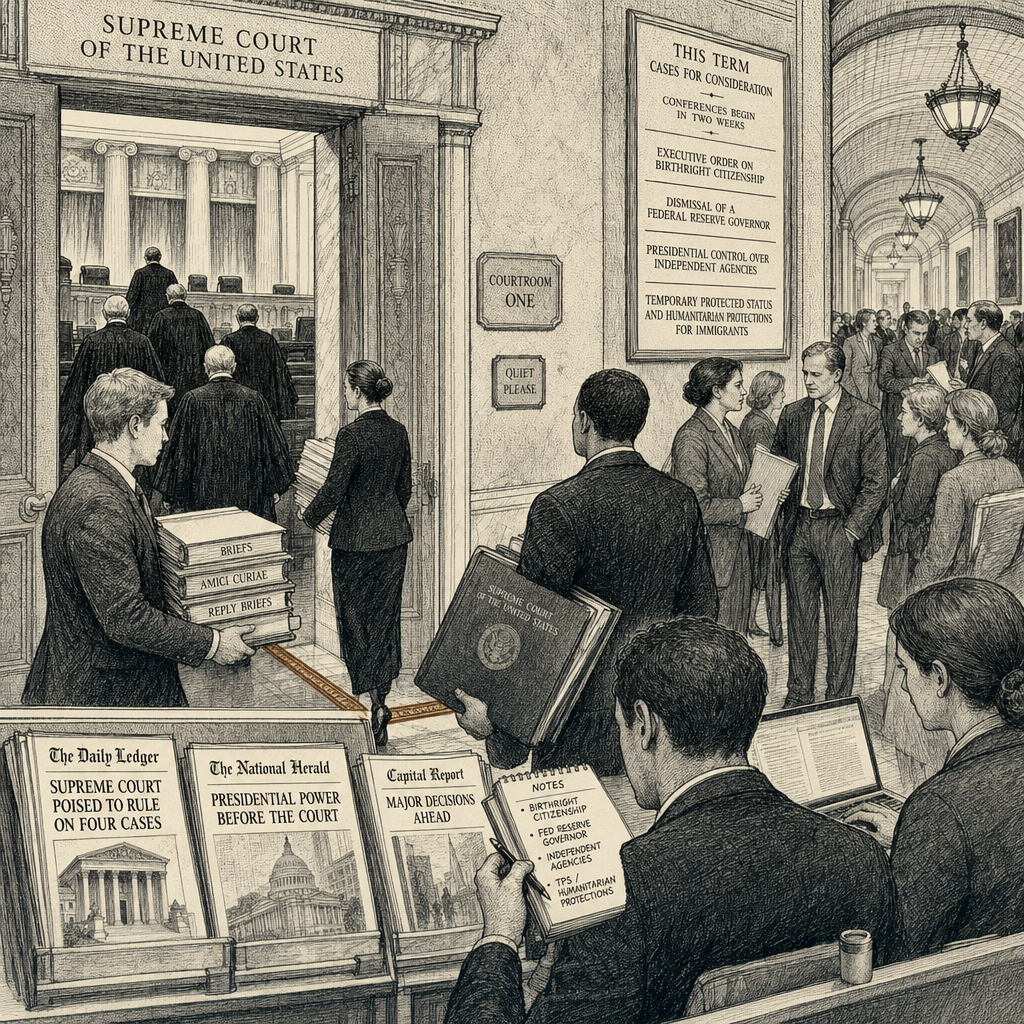 Illustration accompanying article: Supreme Court to decide four cases defining presidential power