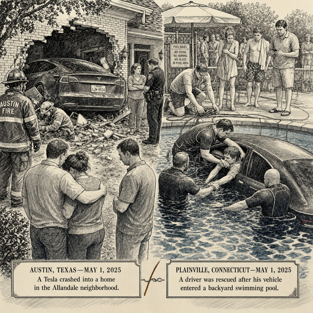 Illustration accompanying article: Tesla crashes into Texas home, Connecticut pool in separate incidents