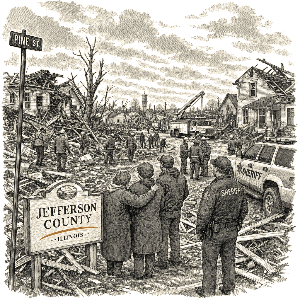 Illustration accompanying article: Tornado kills 2 in southern Illinois, destroys multiple homes