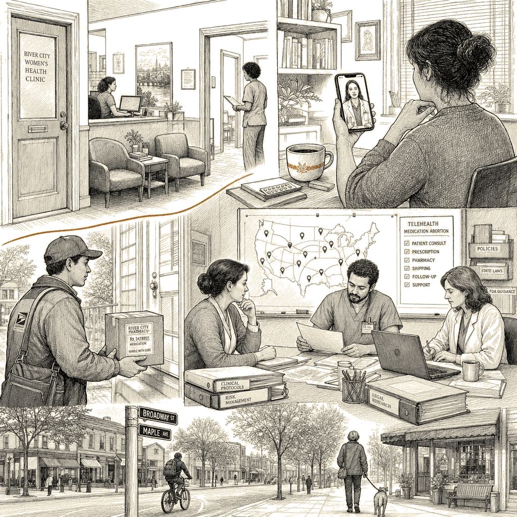 Illustration accompanying article: U.S. abortions nearly double since Dobbs, fueled by telehealth pills