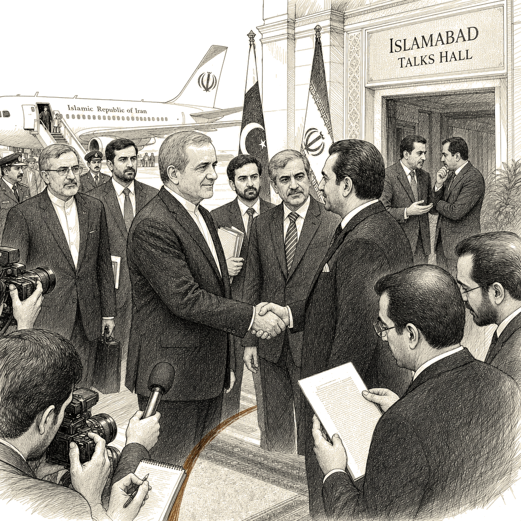 Illustration accompanying article: Iran's president visits Pakistan as U.S.-Iran teams work on war-ending deal