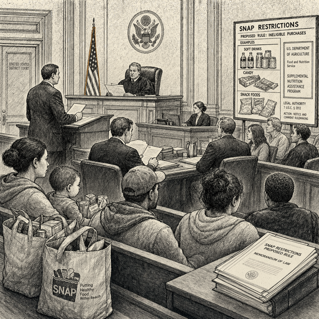 Illustration accompanying article: Judge blocks SNAP restrictions on soft drinks, candy