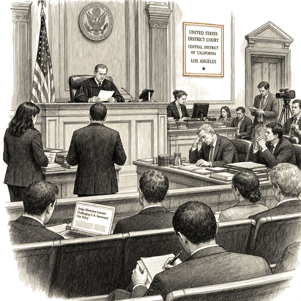 Illustration accompanying article: Judge tosses Trump administration lawsuit over LA sanctuary city policy