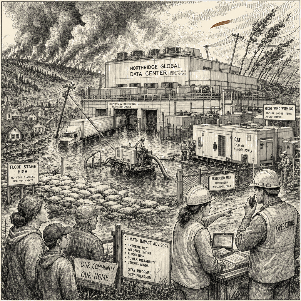 Illustration accompanying article: Nearly 80% of datacenters vulnerable to climate hazards, study finds