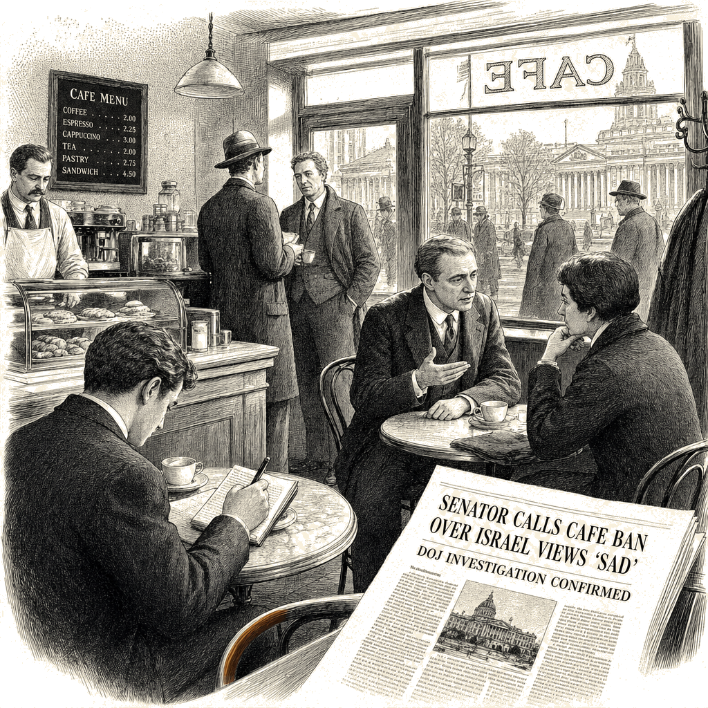 Illustration accompanying article: NY lawmaker calls cafe ban over Israel views 'sad'; DOJ investigates