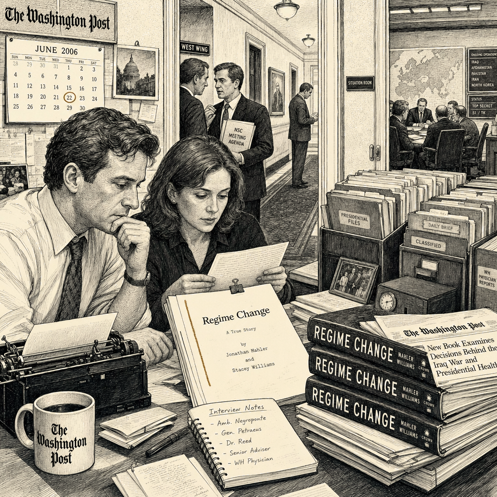 Illustration accompanying article: Reporters detail Trump White House secrets in new book 'Regime Change'