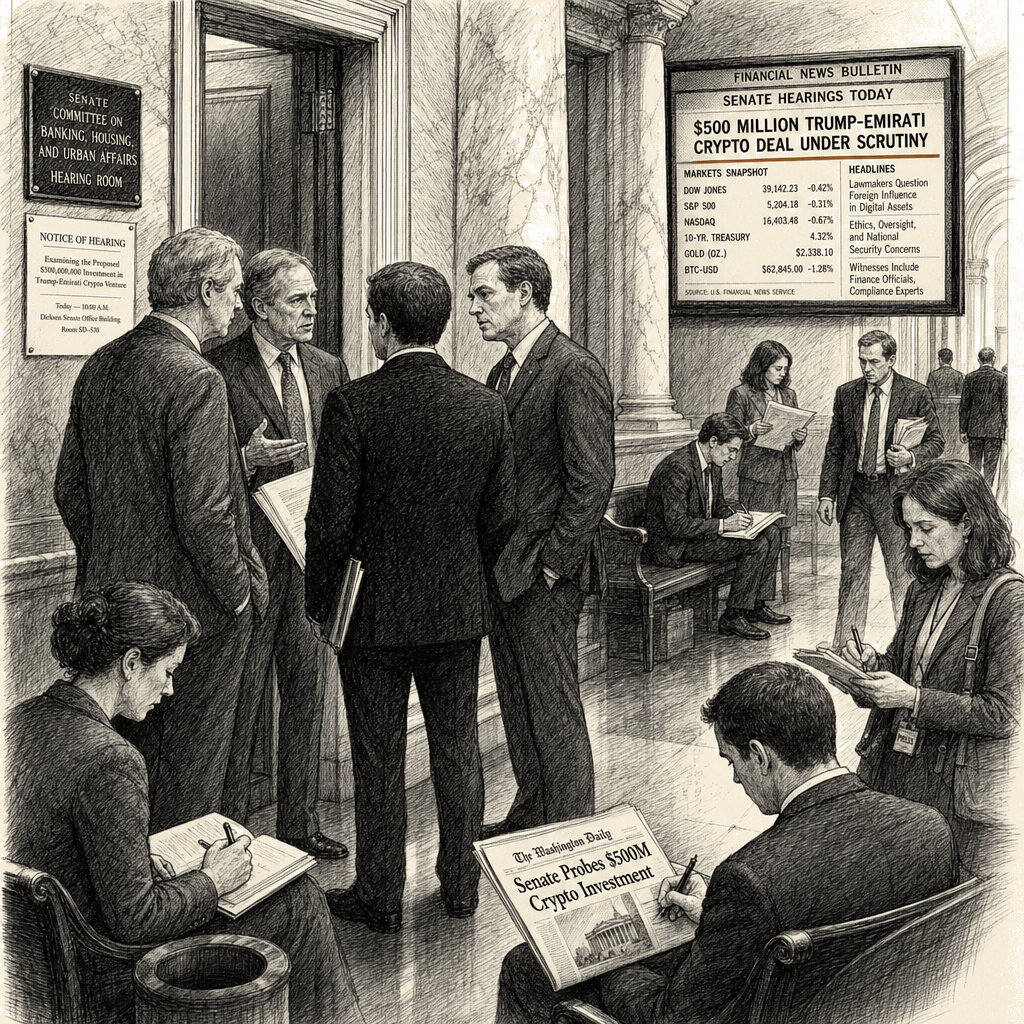 Illustration accompanying article: Senate Democrats Seek Hearings Into $500 Million Trump-Emirati Crypto Deal