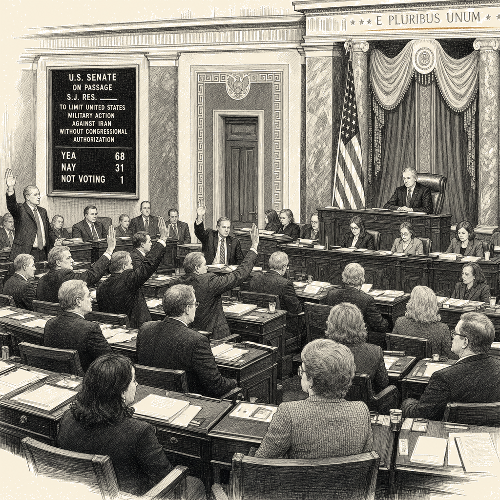 Illustration accompanying article: Senate votes to curb Trump's Iran war powers as four Republicans break ranks