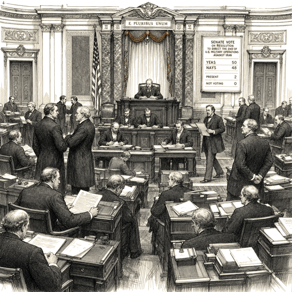Illustration accompanying article: Senate votes to direct Trump to end Iran war in bipartisan rebuke