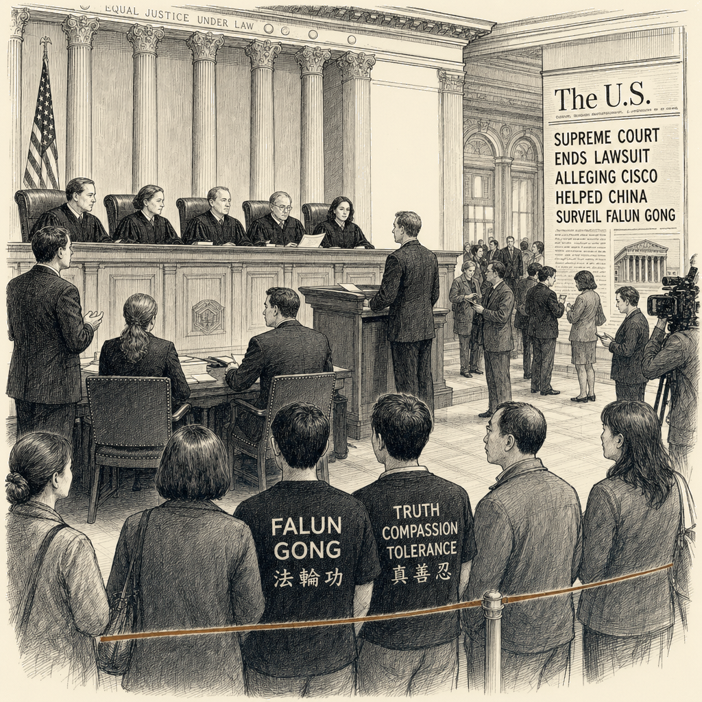 Illustration accompanying article: Supreme Court ends lawsuit alleging Cisco helped China surveil Falun Gong