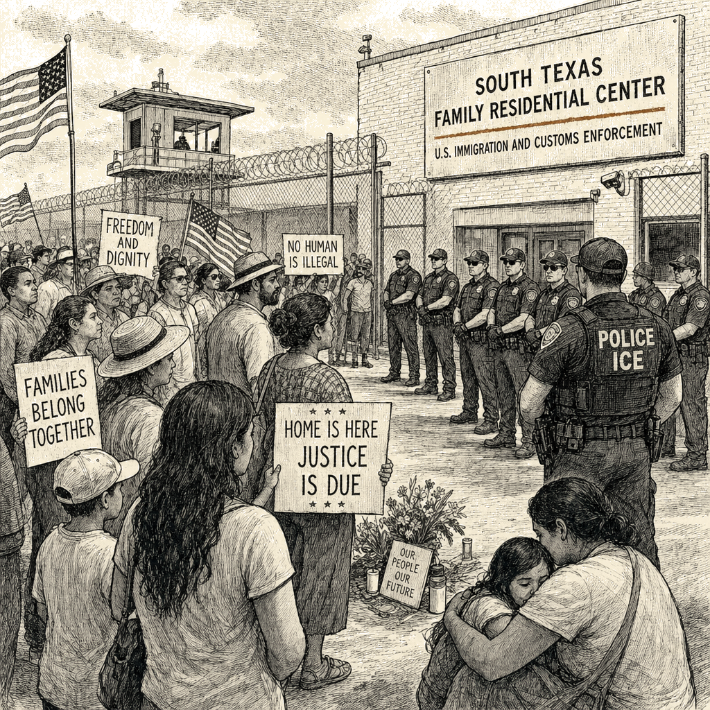 Illustration accompanying article: Texas anti-ICE protesters get at least 50 years on terrorism charges