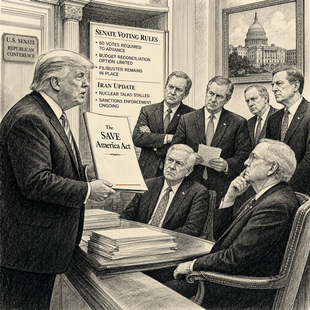 Illustration accompanying article: Trump pushes SAVE America Act as Senate GOP resists on voting rules and Iran