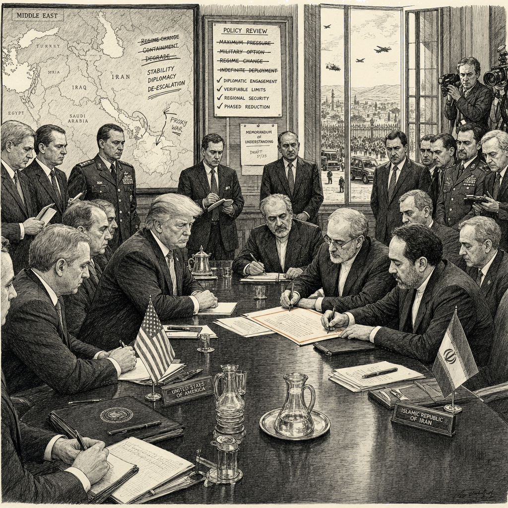 Illustration accompanying article: Trump''s Iran war aims shift as U.S. signs