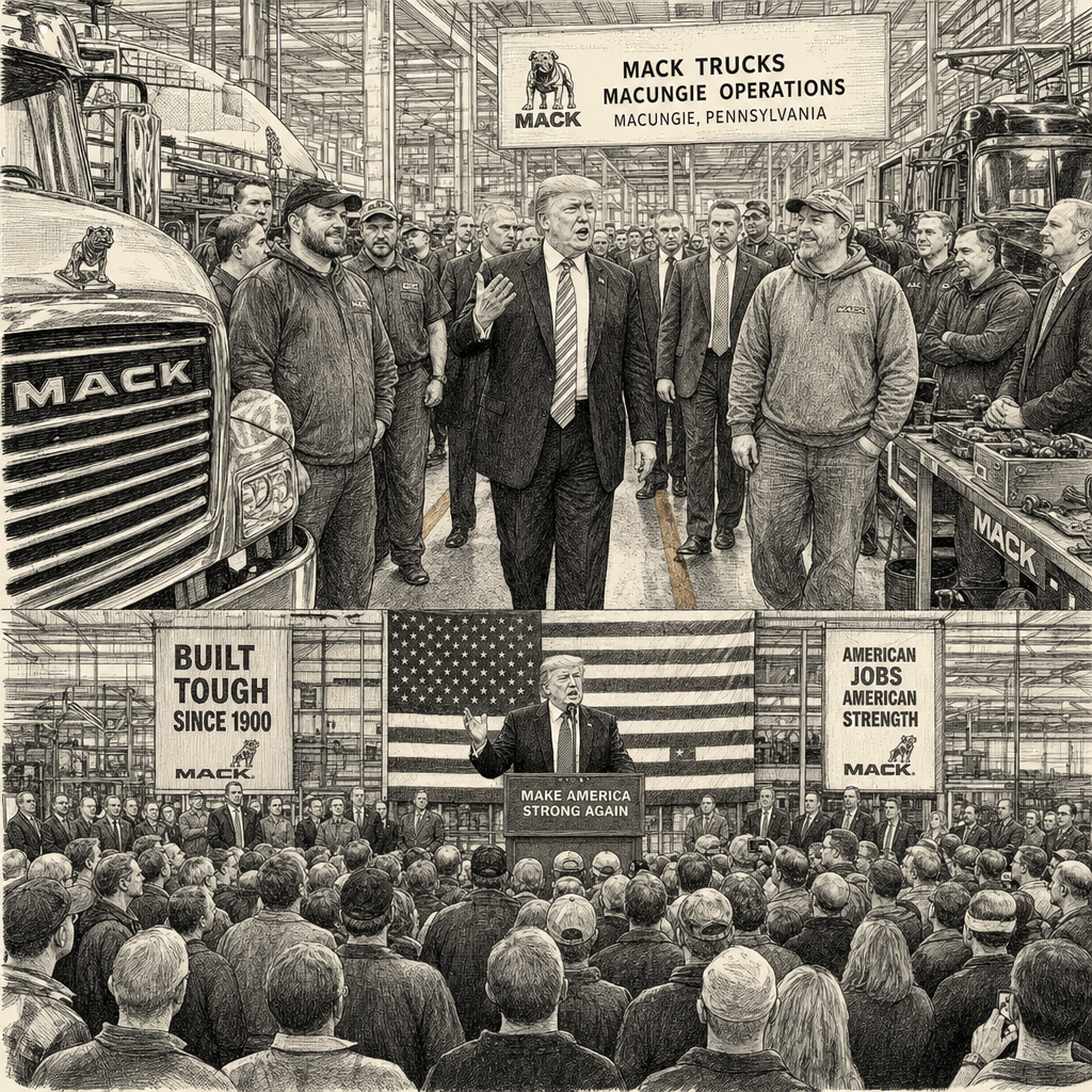 Illustration accompanying article: Trump tours Mack Trucks plant, holds campaign-style rally in Pennsylvania