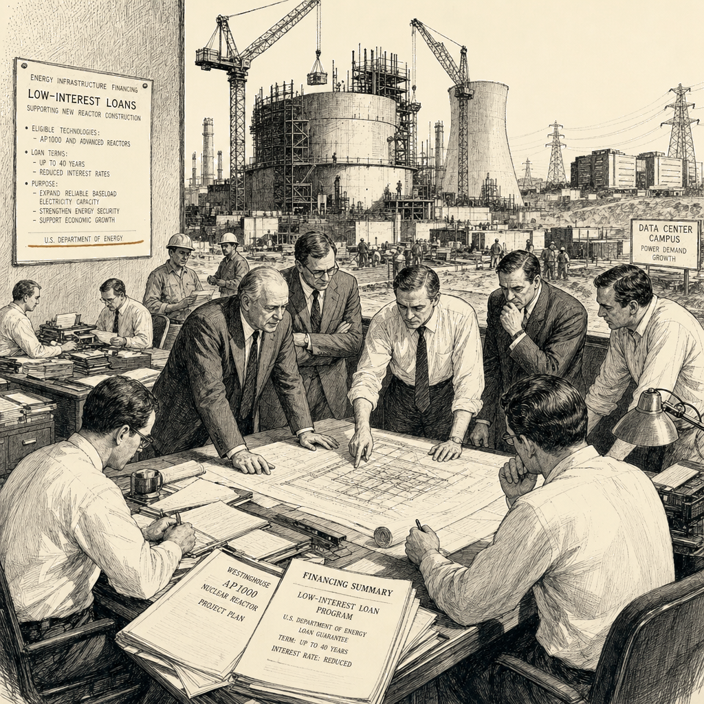 Illustration accompanying article: U.S. Offers $17.5 Billion in Low-Interest Loans to Revive Nuclear Reactor Construction