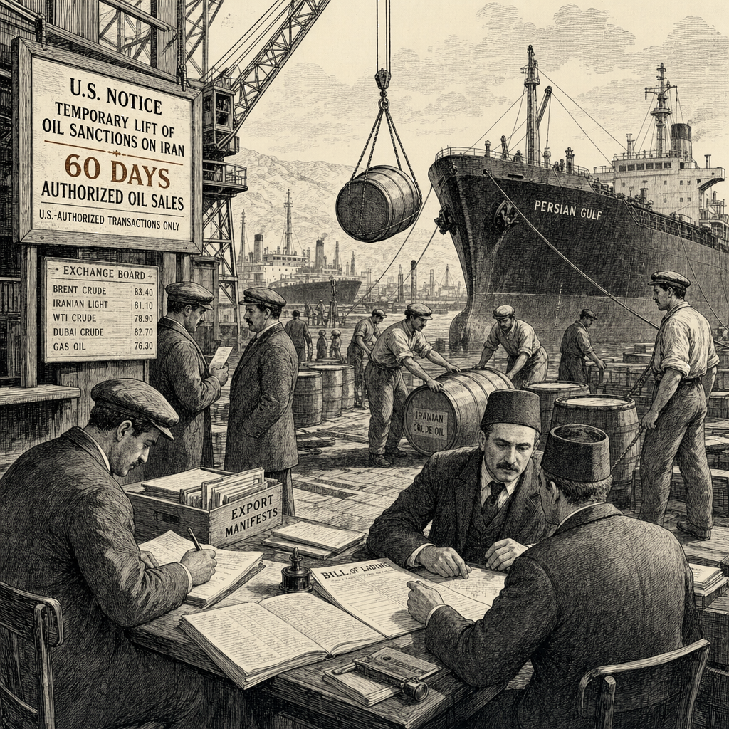 Illustration accompanying article: U.S. temporarily lifts oil sanctions on Iran for 60 days