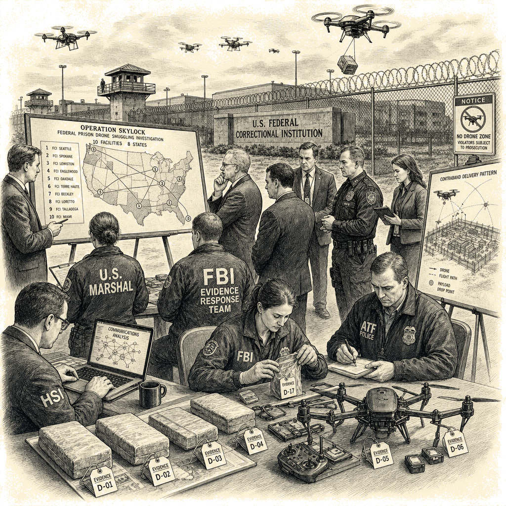 Illustration accompanying article: 12 charged in drone contraband conspiracy targeting federal prisons