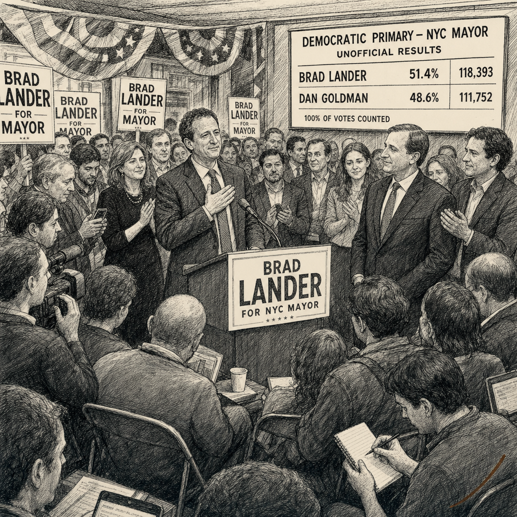 Illustration accompanying article: Brad Lander ousts Rep. Dan Goldman in New York Democratic primary